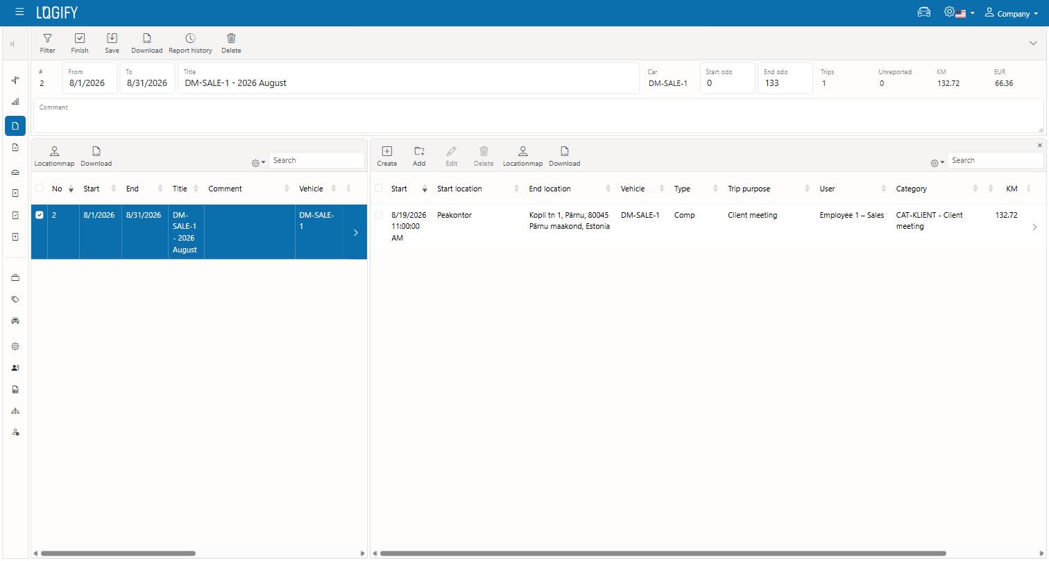 An opened report with its trip list